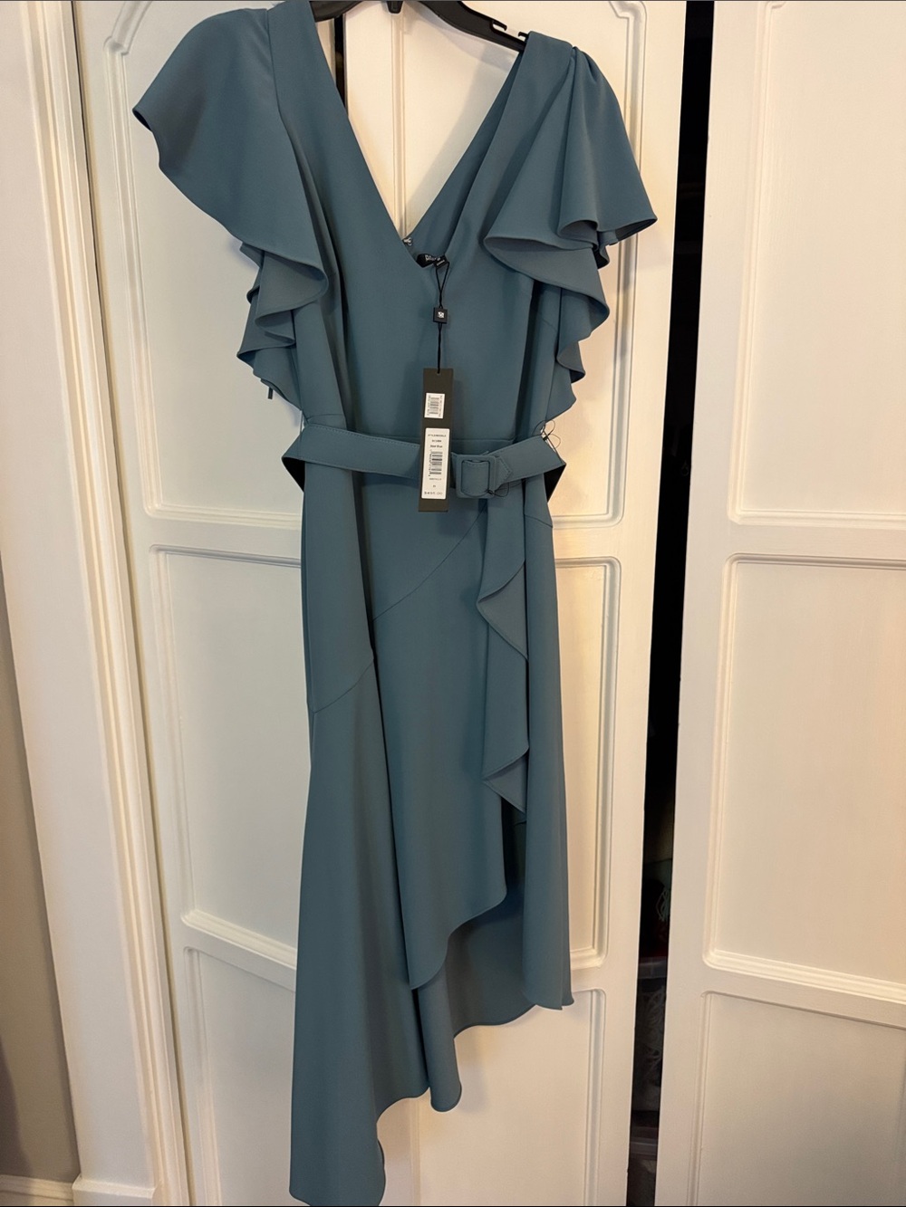 Badgley Mischka Teal Ruffle High-Low Midi Dress with Belt